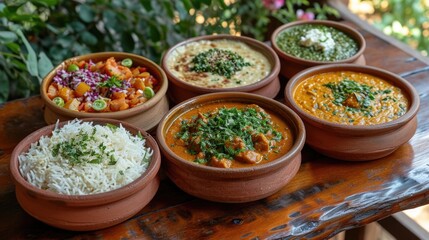 Indian Curry Feast Unwind: Vibrant Cultural Setting with Indian Dishes Like Butter Chicken, Naan, Rice in Traditional Clay Dishes