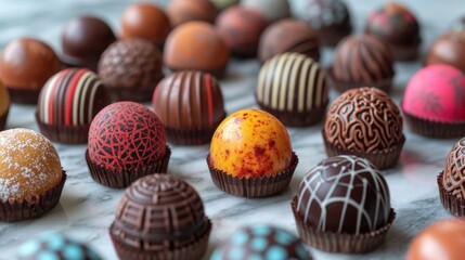 Handmade Chocolate Bonbons Unwind: Artisan Chocolate Bonbons on Marble Slab, Luxurious Boutique Shop Setting, Intricate Designs