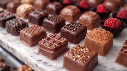 Handmade Chocolate Bonbons Unwind: Artisan Chocolate Bonbons on Marble Slab, Luxurious Boutique Shop Setting, Intricate Designs