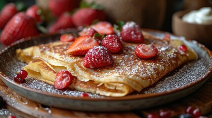 Classic French Crepes Unwind: Quaint Parisian Café Backdrop with Delicate Crepes, Strawberries, Cream, Powdered Sugar Garnish