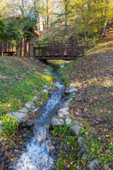 Wooden gazebo in a serene autumn park setting. Japanese garden, Vrnjacka Banja, central Serbia.