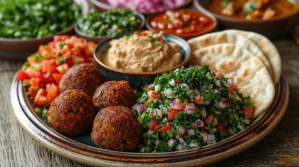 Middle Eastern Mezze Platter Unwind: Vibrant Mezze Platter with Hummus, Tabbouleh, Falafel, Pita in Authentic Middle Eastern Restaurant