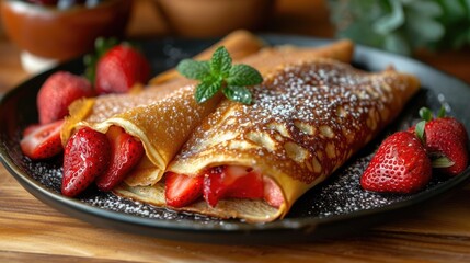 Classic French Crepes Unwind: Quaint Parisian Café Backdrop with Delicate Crepes, Strawberries, Cream, Powdered Sugar Garnish