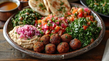 Middle Eastern Mezze Platter Unwind: Vibrant Mezze Platter with Hummus, Tabbouleh, Falafel, Pita in Authentic Middle Eastern Restaurant