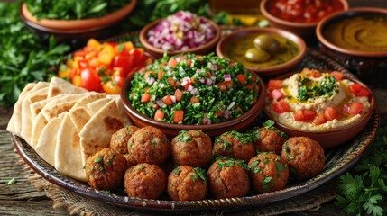 Middle Eastern Mezze Platter Unwind: Vibrant Mezze Platter with Hummus, Tabbouleh, Falafel, Pita in Authentic Middle Eastern Restaurant