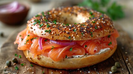 Smoked Salmon Bagel Unwind: Gourmet Bagel with Cream Cheese, Smoked Salmon on Chic Café Table, Bright Morning Ambiance