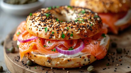 Smoked Salmon Bagel Unwind: Gourmet Bagel with Cream Cheese, Smoked Salmon on Chic Café Table, Bright Morning Ambiance
