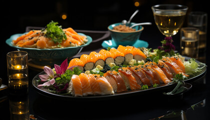 Fresh seafood plate sashimi, nigiri, maki, prawn, avocado, wasabi generated by AI