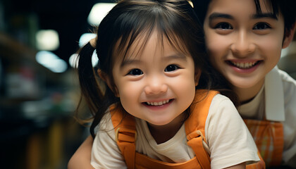 Smiling child, happiness, cheerful, cute, girls, childhood, outdoors, portrait, family, fun generated by AI