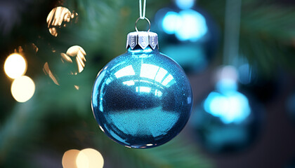 Christmas ornament hanging on a glowing Christmas tree generated by AI