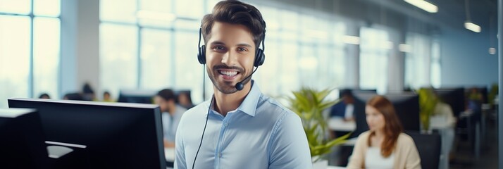 Smiling European man with headphones and microphone in call center, banner - obrazy, fototapety, plakaty