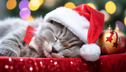 Cute kitten sleeping under Christmas lights, cozy and warm generated by AI