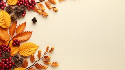 Autumn leaves and berries on a beige background with copy space