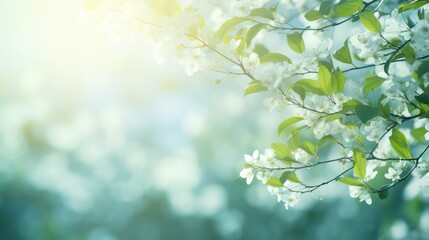 Fototapeta na wymiar Blossoming branch of jasmine. Spring nature background