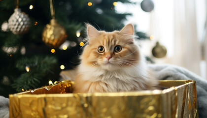 Cute kitten sitting by Christmas tree, looking adorable generated by AI