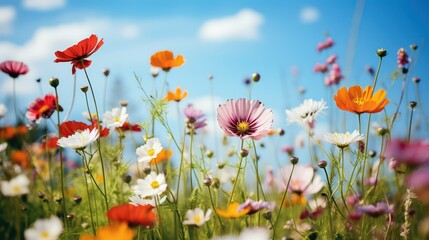 Colorful cosmos flowers blooming in the field with blue sky background