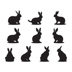 A black silhouette Bunny set, Clipart on a white Background, Simple and Clean design, simplistic