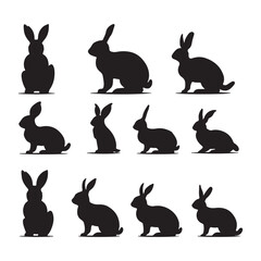 A black silhouette Bunny set, Clipart on a white Background, Simple and Clean design, simplistic