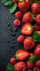 strawberries on black backdrop with water drops
