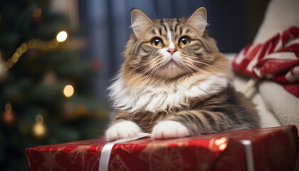 Cute kitten sitting by Christmas tree, looking at camera generated by AI
