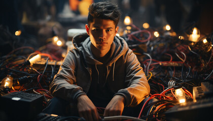 A skilled young man repairing equipment in an illuminated workshop generated by AI