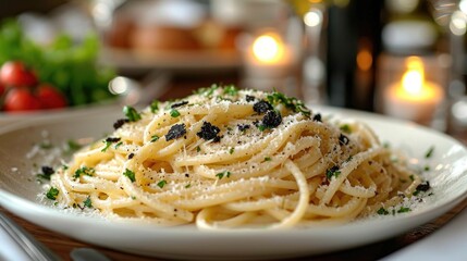 Gourmet Truffle Pasta Unwind: High-End Italian Restaurant with Black Truffle Pasta, Parmesan Cheese, Sophisticated Luxurious Ambiance