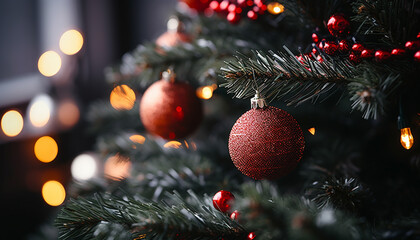 Christmas tree decoration illuminated with shiny ornaments generated by AI