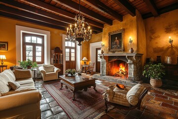 Spacious living room with traditional fireplace