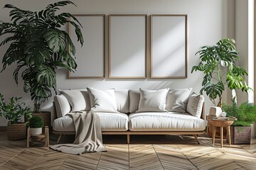 Scandinavian interior poster mock up with horizontal wooden frames, light grey sofa on wooden floor, wooden side table and green plant in living room with white wall.