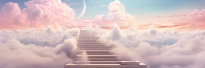 Foto op Canvas Delicate airy stairway goes to the sky to the light, delicate pastel colors, airy light clouds, stairway to the clouds, banner © Henryzoom