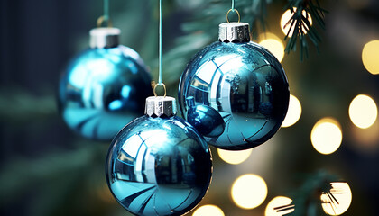 Shiny Christmas ornament hanging on illuminated Christmas tree generated by AI