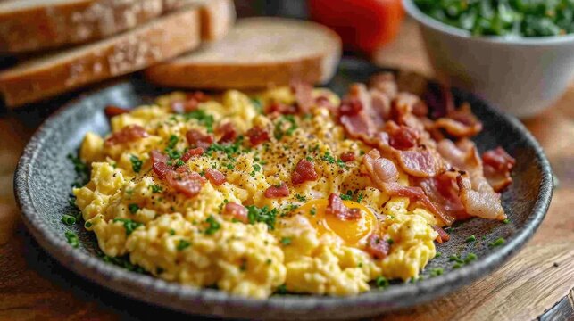 Rustic Farmhouse Breakfast Unwind: Hearty Breakfast with Scrambled Eggs, Bacon, Homemade Bread, Old Wooden Table, Rustic Kitchen, Morning Sunlight