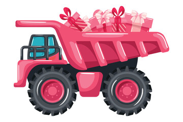 Mining truck carrying gift boxes for Valentine's Day. Pink dumper delivering surprises and gifts. Heavy machinery used in the construction and mining industry