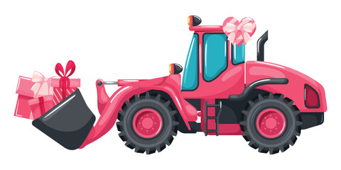 Industrial worker driving a pink front loader carrying a gift box for Valentine's Day. Heavy machinery used in the construction and mining industry