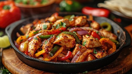 Tex-Mex Fajitas Unwind: Lively Tex-Mex Restaurant with Sizzling Fajitas, Chicken, Peppers, Onions, Festive Colorful Atmosphere