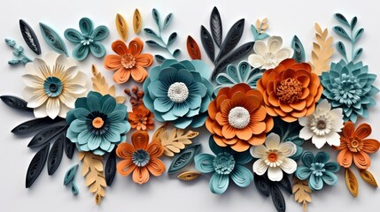 Colorful paper flowers on white background. Top view. Flat lay