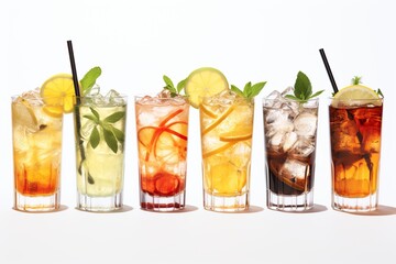 Different alcohol cocktails on white background