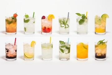 Different alcohol cocktails on white background