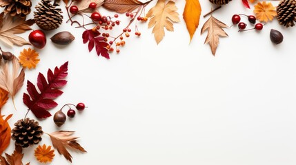 Autumn composition. Frame made of autumn leaves and berries on white background. Flat lay, top view, copy space
