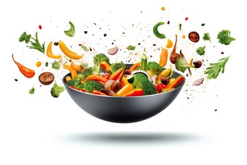 Fresh vegetables falling into pan