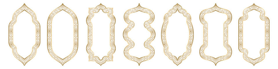 Gold arch frame shape Islamic door or window with geometric girikh pattern, silhouette Arabic arch. Collection in oriental style. Frames in Arabic Muslim design for Ramadan Kareem. Vector illustration - obrazy, fototapety, plakaty