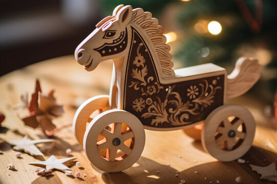 Wooden rocking horse brings winter joy and nostalgia generated by AI