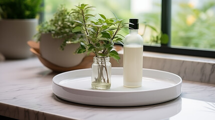 White tray with plants and different accessories around, soft focus background