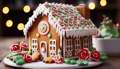 Gingerbread house decoration with candy cane and snowflake generated by AI