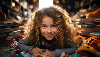 Fototapeta premium Smiling Caucasian girl, cheerful and cute, looking at camera happily generated by AI