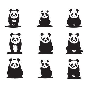 A black silhouette Panda set, Clipart on a white Background, Simple and Clean design, simplistic