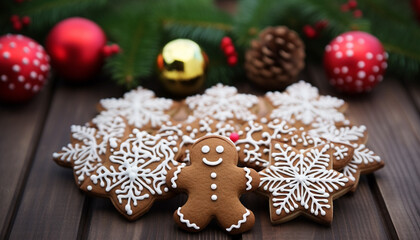 Homemade gingerbread man decoration on wooden table generated by AI