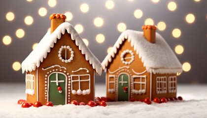 Snow covered gingerbread house, a sweet winter tradition generated by AI