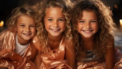 Obraz premium Smiling girls, cheerful childhood, cute portrait, friendship, joyful siblings playing generated by AI
