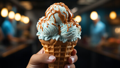 Fototapeta na wymiar A refreshing ice cream cone brings joy on a summer night generated by AI